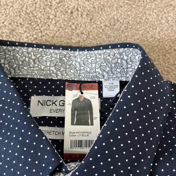 Men's Nick Graham Navy and White Polka Dotted Long Sleeve Dress Button up Shirt - Picture 3 of 3